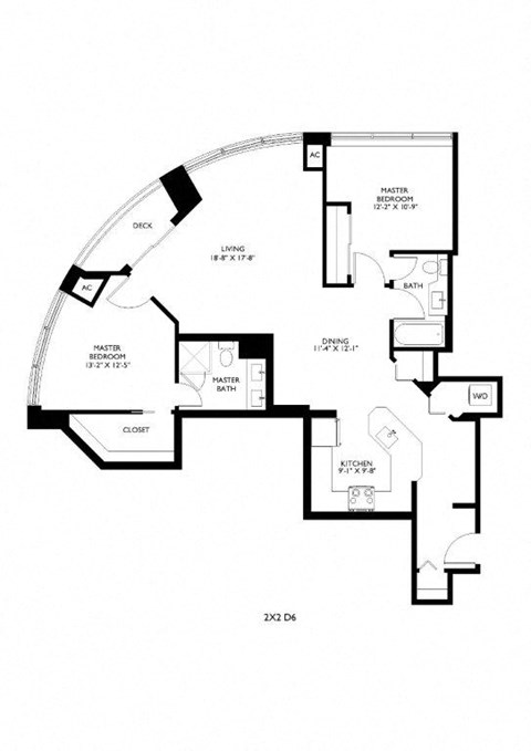 Floor plan for 2 beds, 2 baths, 1233 sqft